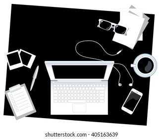 Black and white office desk vector illustration flat style with place for text, organized work desk flat view from above, mobile office flat illustration, office job concept, boss woman in business