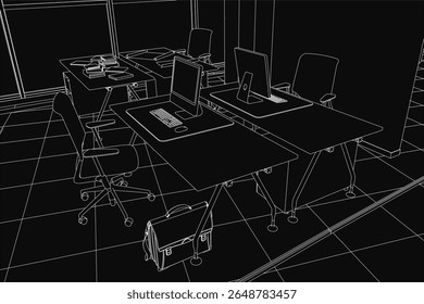A black and white office drawing features multiple desks with monitors, keyboards, and mice arranged neatly. A bag rests on the floor beside the workstations.