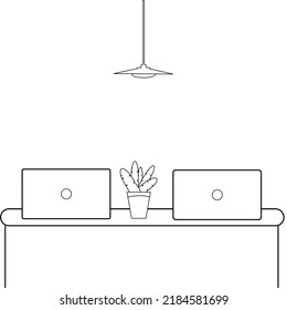 Espacio de oficinas en blanco y negro para trabajar o estudiar. Interior en casa. Ilustración vectorial.