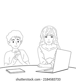Black and white office space for work or study. People work or study. Vector illustration.