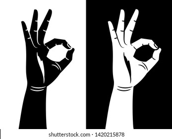 Black and white OK sign hands vector illustration