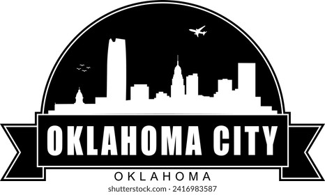 Edificios blancos y negros de la ciudad de Oklahoma estiran un espacio aéreo negativo como emblema en forma de silueta con un cartel de desplazamiento debajo y un nombre de texto dentro. Diseño gráfico de vectores.