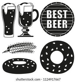 Black and white oktoberfest 6 elements silhouette set. Best beer festival collection. Autumn festive vector illustration for icon, sticker, patch, label, badge, sign, certificate or banner decoration