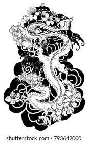 black and white old dragon with flower tattoo.Illustration chinese dragon among peony and chrysanthemum flower on wave background.traditional dragon tattoo idea.