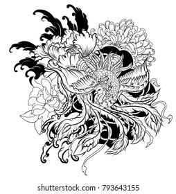 black and white old dragon with flower tattoo.Illustration chinese dragon among peony and chrysanthemum flower on wave background.traditional dragon tattoo idea.