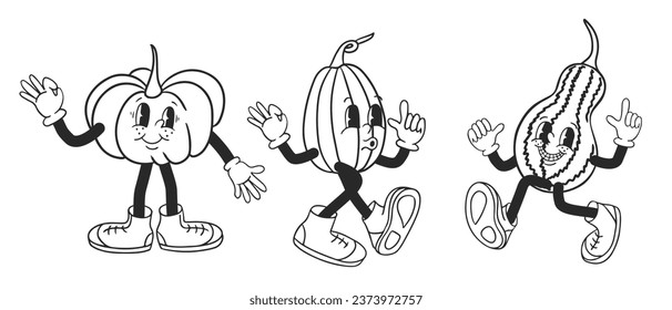 Black and white old retro cartoon pumpkins. Outline hand drawn sketchy vintage characters on white background. Autumn illustrations for printout, posters, shirt print