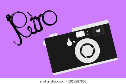 Black and white, old, retro, vintage, antique, hipster camera with a beautiful retro inscription on a purple background. Vector illustration.