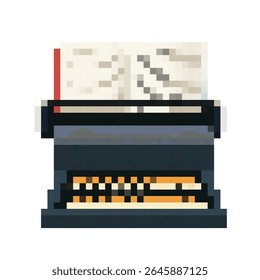 A black and white old typewriter. The keyboard has a red and white label on it