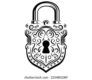 black and white old vintage padlock. flat vector illustration