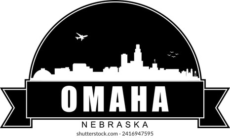 Black and white Omaha Nebraska buildings skyline negative air space silhouette dome shaped emblem with scroll banner below and name text inside. Vector eps graphic design.