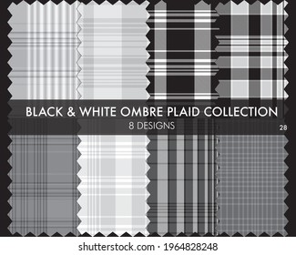 Black and White Ombre Plaid textured seamless pattern collection includes 8 design swatches suitable for fashion textiles and graphics