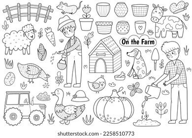 Black and white on the farm set with cute animals and kids farmers. Coloring page with countryside life elements in cartoon style. Boy watering plant, sheep, cow, dog, tractor. Vector illustration