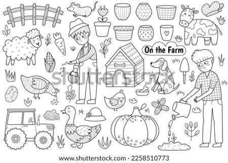 Black and white on the farm set with cute animals and kids farmers. Coloring page with countryside life elements in cartoon style. Boy watering plant, sheep, cow, dog, tractor. Vector illustration