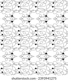 Black and white one line pattern with heart elements.Creative abstract squiggle style drawing background for children or a trendy hand drawn design with basic shapes.