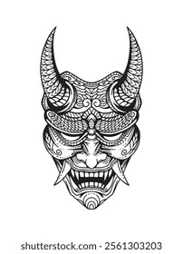 Black and white oni demon mask design. The mask from Japanese culture. Used for coloring book, coloring page, etc