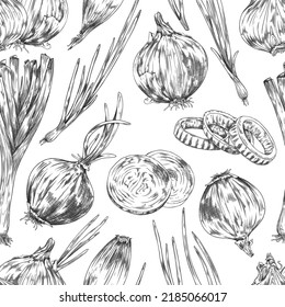 Black and white onion seamless pattern, sketch vector illustration on white background. Hand drawn sliced onions with sprouts, scallions, leek and shallots. Great for wrapping paper.