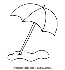 black and white open beach umbrella, sketch style vector illustration isolated on white background. Hand drawn beach umbrella, symbol of summer
