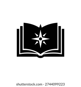 Black and white of an open book with a compass symbol