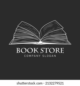 Black and white open book vector logo illustration on black background