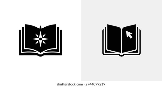 Black and white of open books with compass and cursor