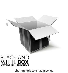 black and white open box 3d vector design isolated realistic pasteboard stuff business creative illustration