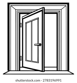 Black and white of an open door with a doorframe and hinges