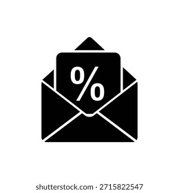 Ícone de glifo de envelope aberto preto e branco com cartão inserido