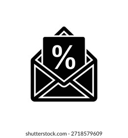 Icono de sobre abierto en blanco y negro con símbolo de porcentaje que representa el correo promocional