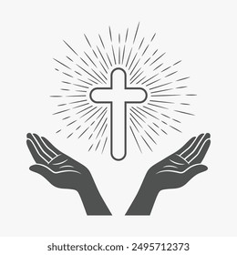 Black and White Open Hands with Cross and Divine Light, Symbol of Faith and Prayer. Design Template for Church Logo. Prayer, Religion Concept Monochrome Cut Out Silhouette Icon. Vector Illustration