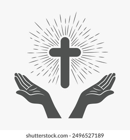 Black and White Open Hands with Cross and Divine Light, Symbol of Faith and Prayer. Design Template for Church Logo. Prayer, Religion Concept Monochrome Cut Out Silhouette Icon. Vector Illustration