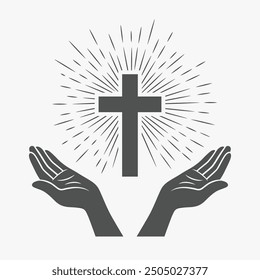 Black and White Open Hands with Cross and Divine Light, Symbol of Faith and Prayer. Design Template for Church Logo. Prayer, Religion Concept Monochrome Cut Out Silhouette Icon. Vector Illustration