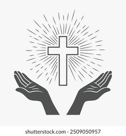 Black and White Open Hands with Cross and Divine Light, Symbol of Faith and Prayer. Design Template for Church Logo. Prayer, Religion Concept Monochrome Cut Out Silhouette Icon. Vector Illustration