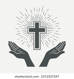 Black and White Open Hands with Cross and Divine Light, Symbol of Faith and Prayer. Design Template for Church Logo. Prayer, Religion Concept Monochrome Cut Out Silhouette Icon. Vector Illustration