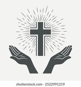 Black and White Open Hands with Cross and Divine Light, Symbol of Faith and Prayer. Design Template for Church Logo. Prayer, Religion Concept Monochrome Cut Out Silhouette Icon. Vector Illustration