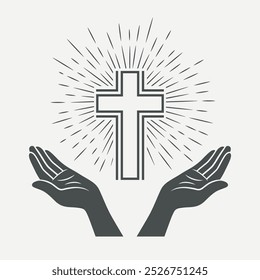 Preto e Branco Mãos Abertas com Cruz e Luz Divina, Símbolo de Fé e Oração. Modelo de design para o logotipo da Igreja. Oração, Religião Conceito Monocromático Corte Silhueta Ícone. Ilustração de vetor