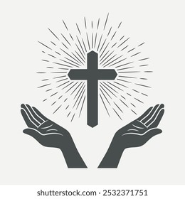 Preto e Branco Mãos Abertas com Cruz e Luz Divina, Símbolo de Fé e Oração. Modelo de design para o logotipo da Igreja. Oração, Religião Conceito Monocromático Corte Silhueta Ícone. Ilustração de vetor