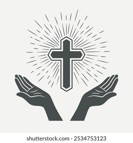 Preto e Branco Mãos Abertas com Cruz e Luz Divina, Símbolo de Fé e Oração. Modelo de design para o logotipo da Igreja. Oração, Religião Conceito Monocromático Corte Silhueta Ícone. Ilustração de vetor