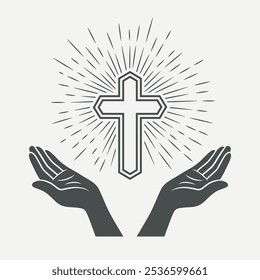 Preto e Branco Mãos Abertas com Cruz e Luz Divina, Símbolo de Fé e Oração. Modelo de design para o logotipo da Igreja. Oração, Religião Conceito Monocromático Corte Silhueta Ícone. Ilustração de vetor