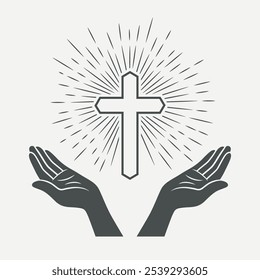 Black and White Open Hands with Cross and Divine Light, Symbol of Faith and Prayer. Design Template for Church Logo. Prayer, Religion Concept Monochrome Cut Out Silhouette Icon. Vector Illustration