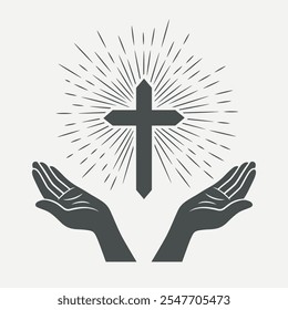 Manos abiertas en blanco y negro con Cruz y Luz Divina, Símbolo de Fe y Oración. Plantilla de diseño para Church Logo. Oración, concepto de Religión Monocromo recortado icono de silueta. Ilustración vectorial