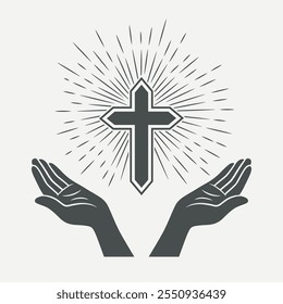 Preto e Branco Mãos Abertas com Cruz e Luz Divina, Símbolo de Fé e Oração. Modelo de design para o logotipo da Igreja. Oração, Religião Conceito Monocromático Corte Silhueta Ícone. Ilustração de vetor