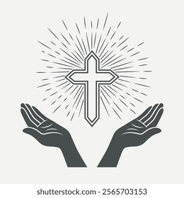 Black and White Open Hands with Cross and Divine Light, Symbol of Faith and Prayer. Design Template for Church Logo. Prayer, Religion Concept Monochrome Cut Out Silhouette Icon. Vector Illustration