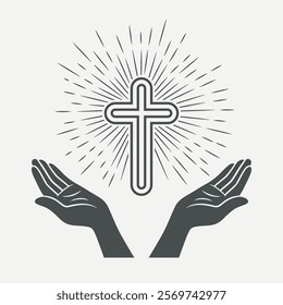 Black and White Open Hands with Cross and Divine Light, Symbol of Faith and Prayer. Design Template for Church Logo. Prayer, Religion Concept Monochrome Cut Out Silhouette Icon. Vector Illustration