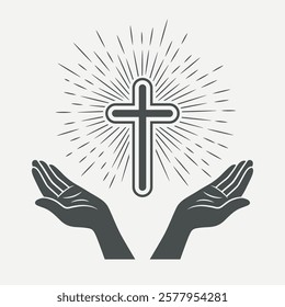 Black and White Open Hands with Cross and Divine Light, Symbol of Faith and Prayer. Design Template for Church Logo. Prayer, Religion Concept Monochrome Cut Out Silhouette Icon. Vector Illustration