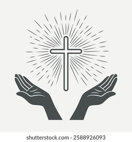 Black and White Open Hands with Cross and Divine Light, Symbol of Faith and Prayer. Design Template for Church Logo. Prayer, Religion Concept Monochrome Cut Out Silhouette Icon. Vector Illustration