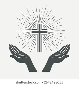 Preto e Branco Mãos Abertas com Cruz e Luz Divina, Símbolo de Fé e Oração. Modelo de design para o logotipo da Igreja. Oração, Religião Conceito Monocromático Corte Silhueta Ícone. Ilustração de vetor