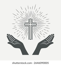 Preto e Branco Mãos Abertas com Cruz e Luz Divina, Símbolo de Fé e Oração. Modelo de design para o logotipo da Igreja. Oração, Religião Conceito Monocromático Corte Silhueta Ícone. Ilustração de vetor