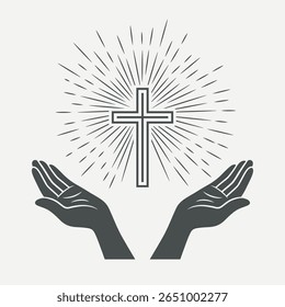 Preto e Branco Mãos Abertas com Cruz e Luz Divina, Símbolo de Fé e Oração. Modelo de design para o logotipo da Igreja. Oração, Religião Conceito Monocromático Corte Silhueta Ícone. Ilustração de vetor