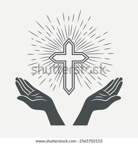 Black and White Open Hands with Cross and Divine Light, Symbol of Faith and Prayer. Design Template for Church Logo. Prayer, Religion Concept Monochrome Cut Out Silhouette Icon. Vector Illustration