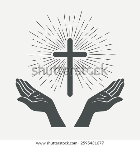 Black and White Open Hands with Cross and Divine Light, Symbol of Faith and Prayer. Design Template for Church Logo. Prayer, Religion Concept Monochrome Cut Out Silhouette Icon. Vector Illustration